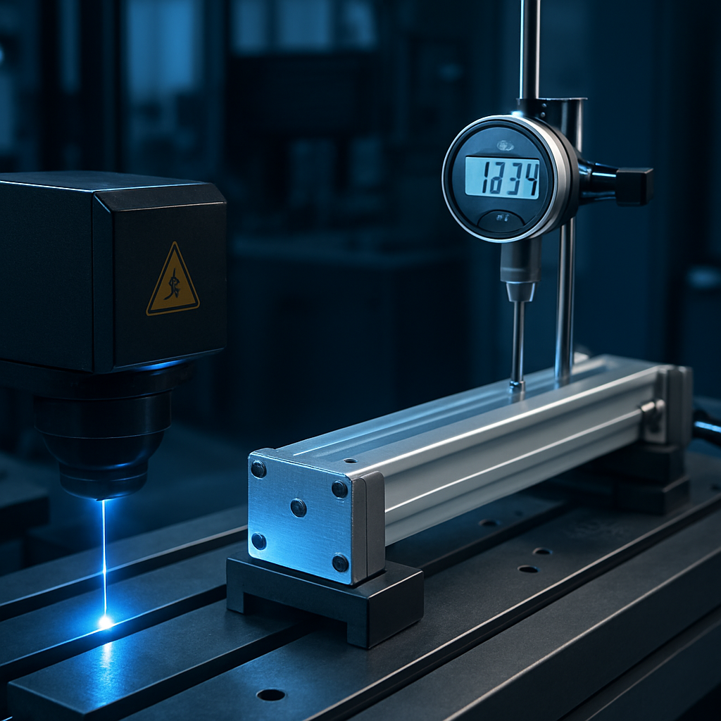 An industrial mechanical test bench measuring an aluminum linear actuator while a laser marks the chassis