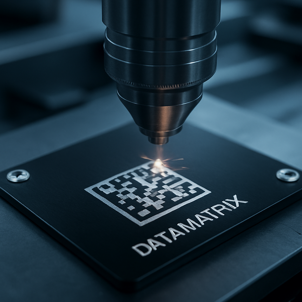 Fiber laser engraving a high-contrast DataMatrix code onto a black anodized aluminum nameplate