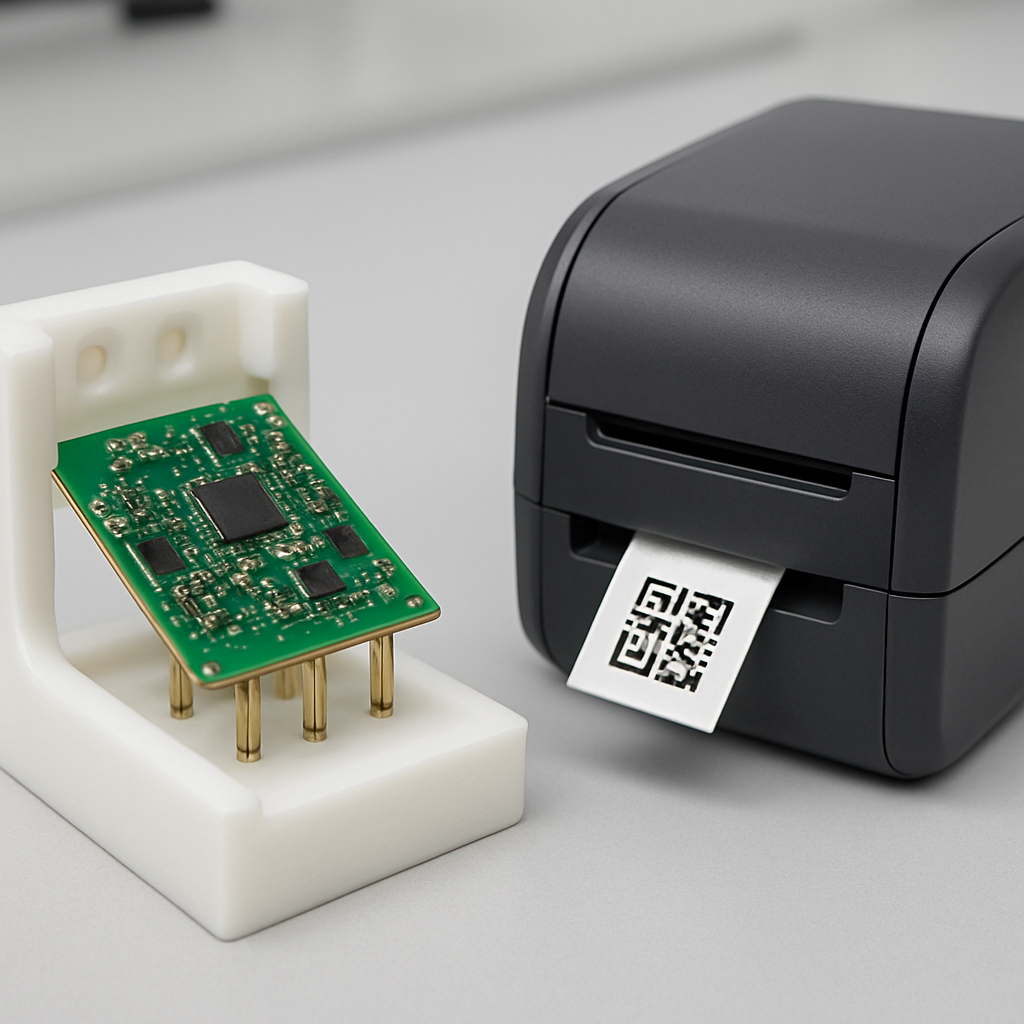 A 3D-printed pogo-pin test jig holding a green PCBA next to a label printer dispensing a QR sticker